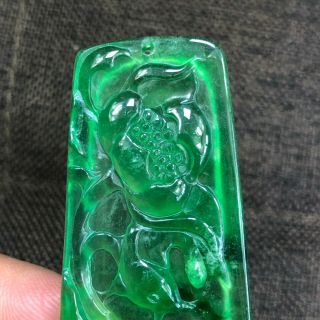 Rare Collectible Chinese Handwork Ice Green Jadeite Jade Lotus & Fish Pendant 2