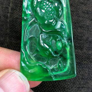 Rare Collectible Chinese Handwork Ice Green Jadeite Jade Lotus & Fish Pendant 3