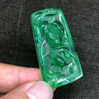 Rare Collectible Chinese Handwork Ice Green Jadeite Jade Lotus & Fish Pendant 4