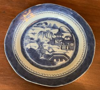 Antique Chinese Export Canton Blue & White Plate,  9 "