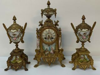 French Antique Cast Brass Bracket / Mantel Clock Garniture Set Porcelain Panels