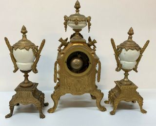 French Antique Cast Brass Bracket / Mantel Clock Garniture Set PORCELAIN Panels 4