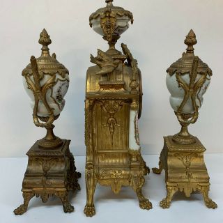 French Antique Cast Brass Bracket / Mantel Clock Garniture Set PORCELAIN Panels 5