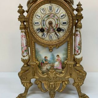 French Antique Cast Brass Bracket / Mantel Clock Garniture Set PORCELAIN Panels 6