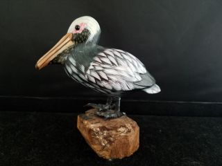 Vintage Hand Carved Painted Wooden Wood Pelican Bird On Stump Figure 4×2×4 "