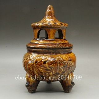 Chinese old hand - carved porcelain yellow glaze three foot incense burner c02 2