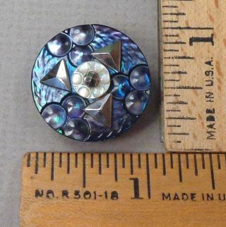Dyed Pearl Antique Button,  1800s Carved Design,  Mop & Cut - Steel Trim