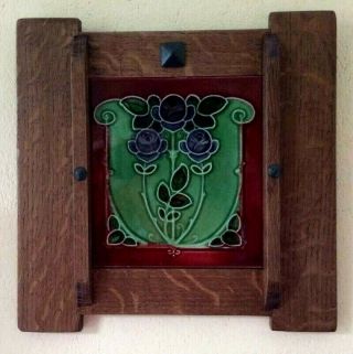 Arts & Crafts Art Nouveau Tile W/ Handcrafted Mission Oak Frame