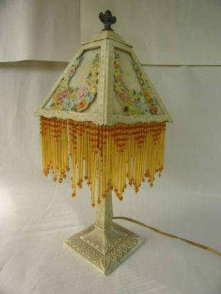 Antique Panel Lamp Slag Glass Floral Swag Boudoir Lamp Beaded Trim.  15.  5 "