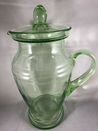 Antique Vintage Large Green Glass Lemonade Covered Pitcher Depression Vaseline