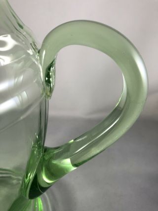 ANTIQUE VINTAGE LARGE GREEN GLASS LEMONADE COVERED PITCHER DEPRESSION VASELINE 7