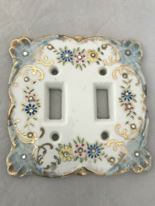 Light Switch Plate Porcelain Painted Flowers Antique Double Applied Jewels