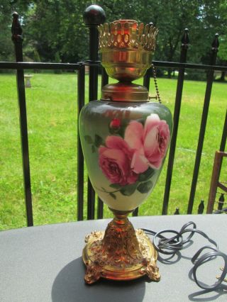 Vtg Antique Victorian Banquet Electric Lamp Hand Painted Gwtw Green W Pink Rose