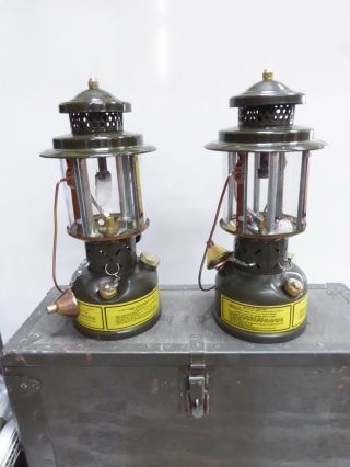 2 Vintage Us Army Military Coleman Type Smp Gas Field Lanterns In Case Lnib