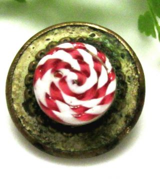 Lovely Victorian Jewel Waistcoat Button W/ Red/white Peppermint Swirl Glass Z31