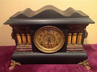 Antique Gilbert Black Wood W/pillars Chime And Bell Mantel Clock -