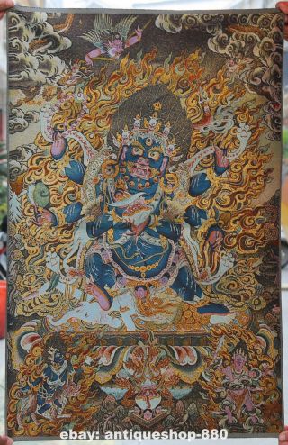 36 " Tibet Tibetan Cloth Silk 6 Arms Mahakala Wrathful Deity Tangka Thangka Mural
