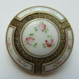 Flawless Antique Vtg Victorian White Glass Button Pink Roses & Gold Luster (s)