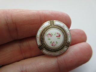 Flawless Antique Vtg Victorian White GLASS BUTTON Pink Roses & Gold Luster (S) 2