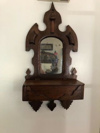 Vintage Wooden Wall Shaving Mirror Hanging Shelf With Mirror