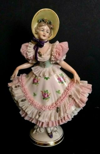 Antique Meissen Figurine - 5 " - Dresden Lace - Porcelain Lady Dancing -