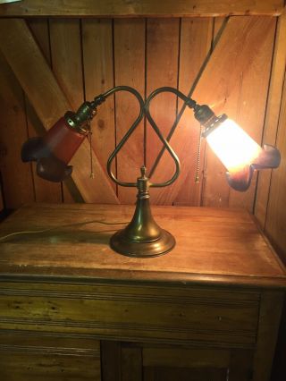 Antique Double Brass Student Lamp Desk 2 - Arm Tulip Glass Shades Electric Vintage