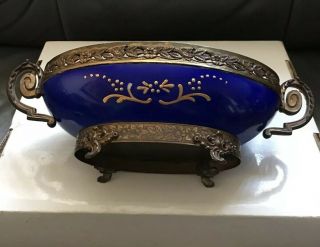 Sevres Style Cobalt Blue Porcelain Dish Planter Bronze Mounts Decorated