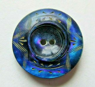 Splendid Antique Vtg Blue Dyed Carved Mop Shell Button Incised Design 3/4 " (s)