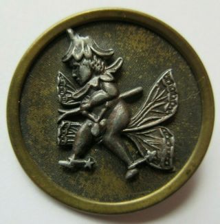Remarkable Large Antique Vtg Metal Picture Button Gnome Riding Butterfly (s)