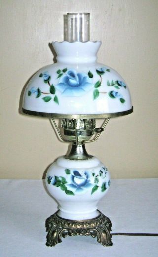 Vintage Banquet Parlor Lamp Hand Painted Blue Flowers On Milk Glass 3 Way Switch