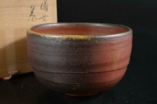 S5933: Japanese Bizen - Ware Youhen Pattern Tea Bowl Green Tea Tool,  W/signed Box