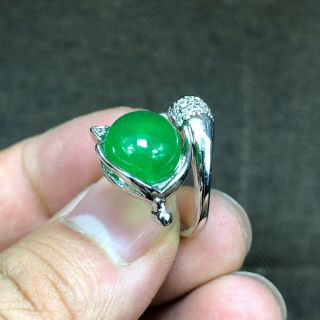 Collectible Chinese Handwork S925 Silver & Green Jadeite Jade Fox No.  5 - 12 Ring