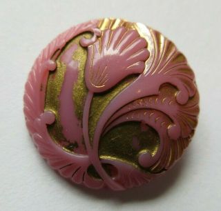 Stunning Antique Vtg Victorian Pink Glass Button Gold Luster Floral Design (s)