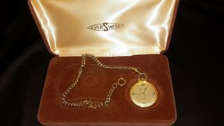 Vintage Everswiss Pocket Watch And Chain,  Box,  Shock Resistant
