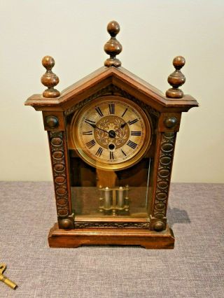 Antique 19th Century Oak Wurttemberg Mantel Clock (brass Face Roman Numerals)