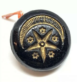 Star And Moon Antique Victorian Incised Gold Black Glass Button 15.  87mm