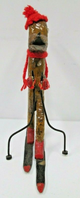 Vintage Folk Art Wood Carving Skiing Fox Wolf Coyote Statue Metal Ski Poles Old 4