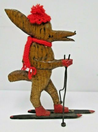 Vintage Folk Art Wood Carving Skiing Fox Wolf Coyote Statue Metal Ski Poles Old 5