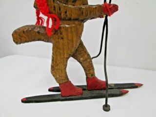 Vintage Folk Art Wood Carving Skiing Fox Wolf Coyote Statue Metal Ski Poles Old 8
