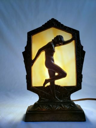 Vintage Art Deco Nude Table Lamp Boudoir Light W/ Slag Glass Shade Copper Tone