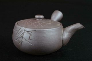 S6733: Japanese Banko - ware Brown pottery Flower sculpture TEAPOT Kyusu Sencha 2