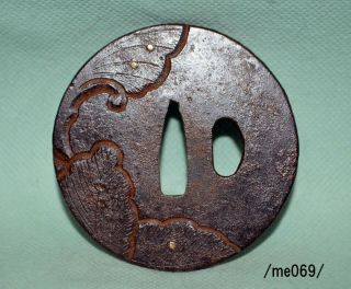 Tsuba For Samurai Katana,  Inlay,  Sculpture,  Butterbur Leaf,  Early Edo,  Iron/me069/