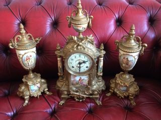 Lovely19th C French Franz Hermle Movement Ormolu & Porcelain Clock Garniture