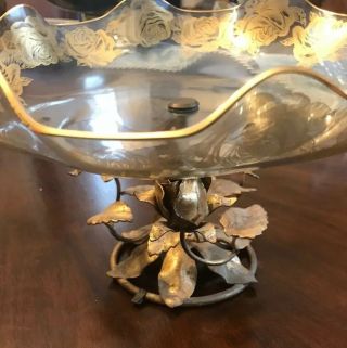 Italian Vintage Tole Gold Gilt Metal Rose Glass Crystal Pedestal Bowl - Rotating