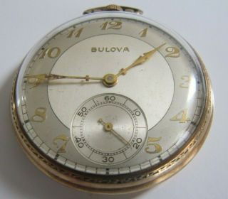 Vintage Bulova Open Face Pocket Watch 10k Rolled Gold Pocket Watch 17ah