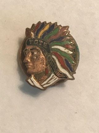 Antique Vintage Metal Button Indian Head Tote Colorful Rainbow Headdress