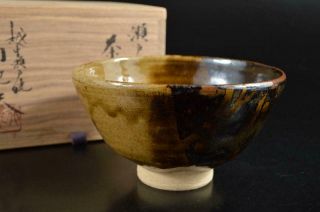 S6049: Japanese Seto - Ware Green Glaze Tea Bowl Green Tea Tool,  Auto W/signed Box