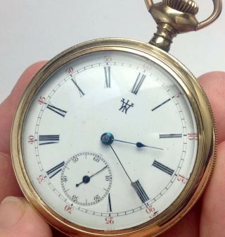 Antique 14s.  Engraved Back Open Face Pocket Watch W/enameled Dial (e24)