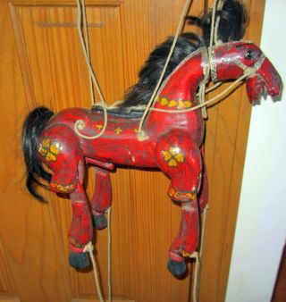 Vintage Wood Horse Folk Art Marionette Wooden Hand Painted Puppet