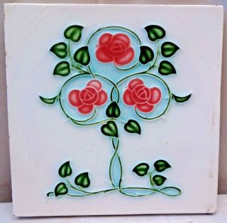 Vintage Tile Majolica Art Nouveau Flower Leaf Design Ceramic Porcelain Dk Japan